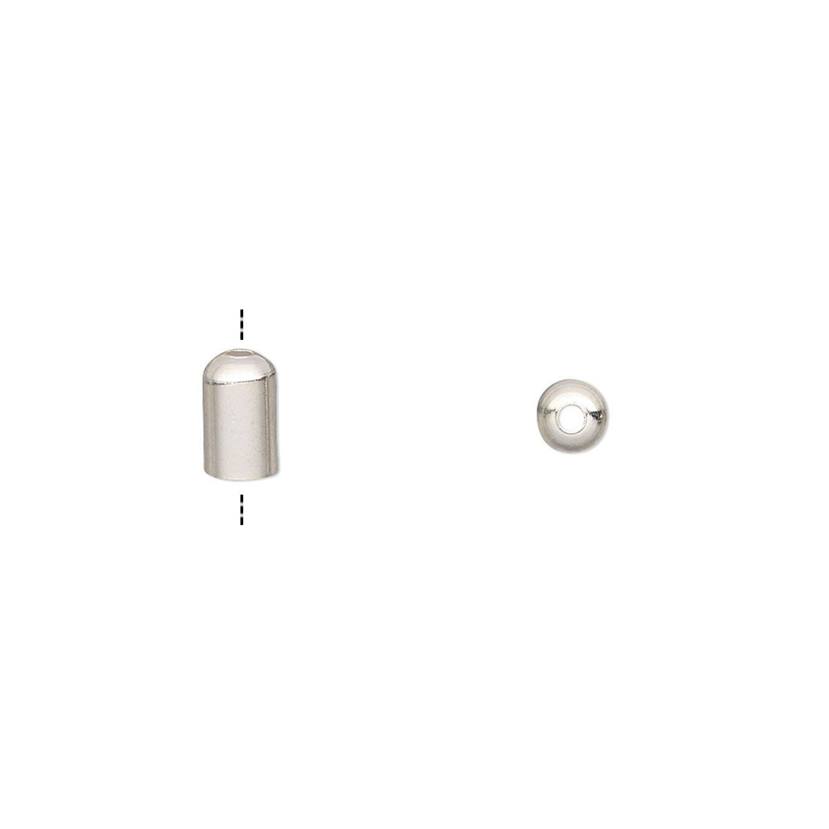 A pair of small silver metal beads or spacer components on a plain white background, one elongated dome-shaped bead and one round bead with a central hole.