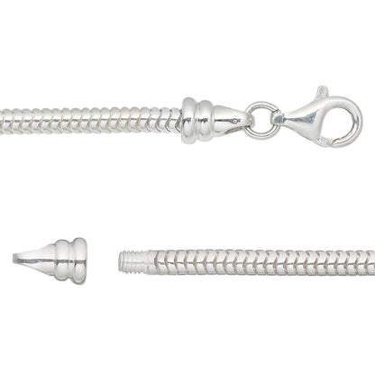Sterling Silver Snake Chain Necklace, 3mm, 18 Inches, Lobster Clasp with Twist-Off End Cap