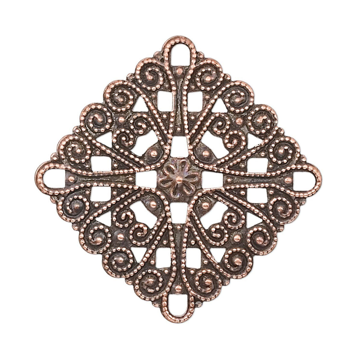 An ornate, antique bronze filigree charm or pendant with a diamond-shaped silhouette, intricate scrollwork, and a central floral motif, isolated on a white background.
