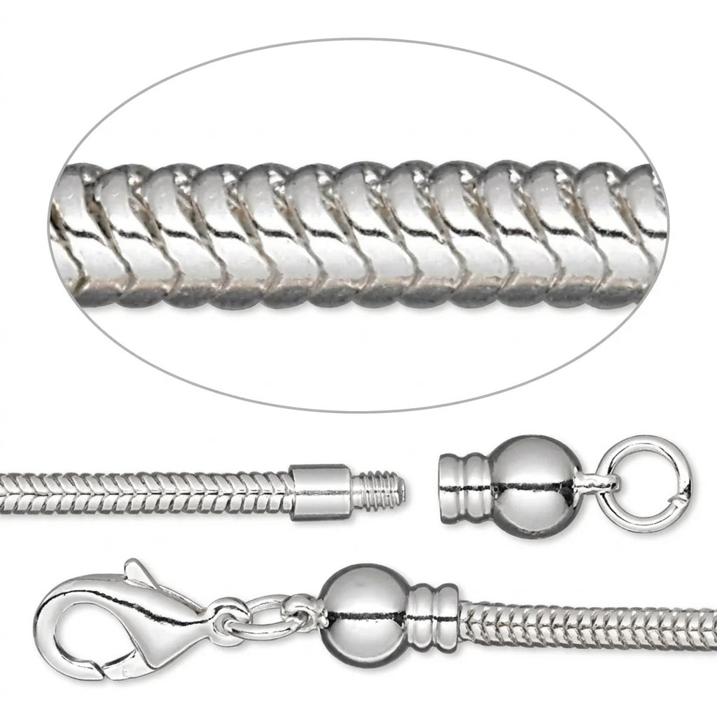 Silver-toned snake chain necklace with a lobster clasp, decorative bead, and split ring clasp, shown with a close-up circular inset of the chain texture.