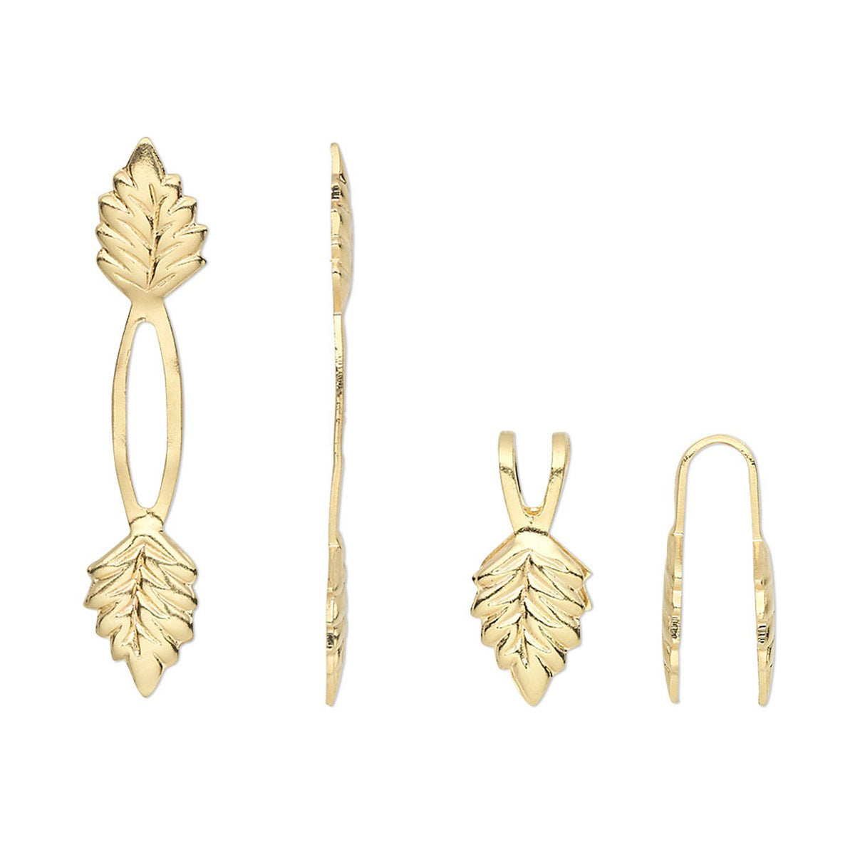 Gold leaf-shaped earring components shown from multiple angles on a plain white background, including front, side, and back views.