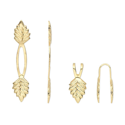 Gold leaf-shaped earring components shown from multiple angles on a plain white background, including front, side, and back views.
