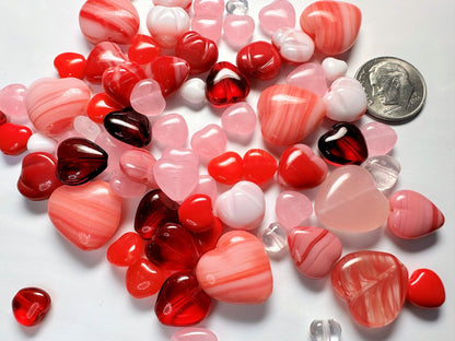 Czech Pressed Glass Puffed Heart Bead Mix Red & Pink 6–16mm — 50g (approximately 55 pcs)