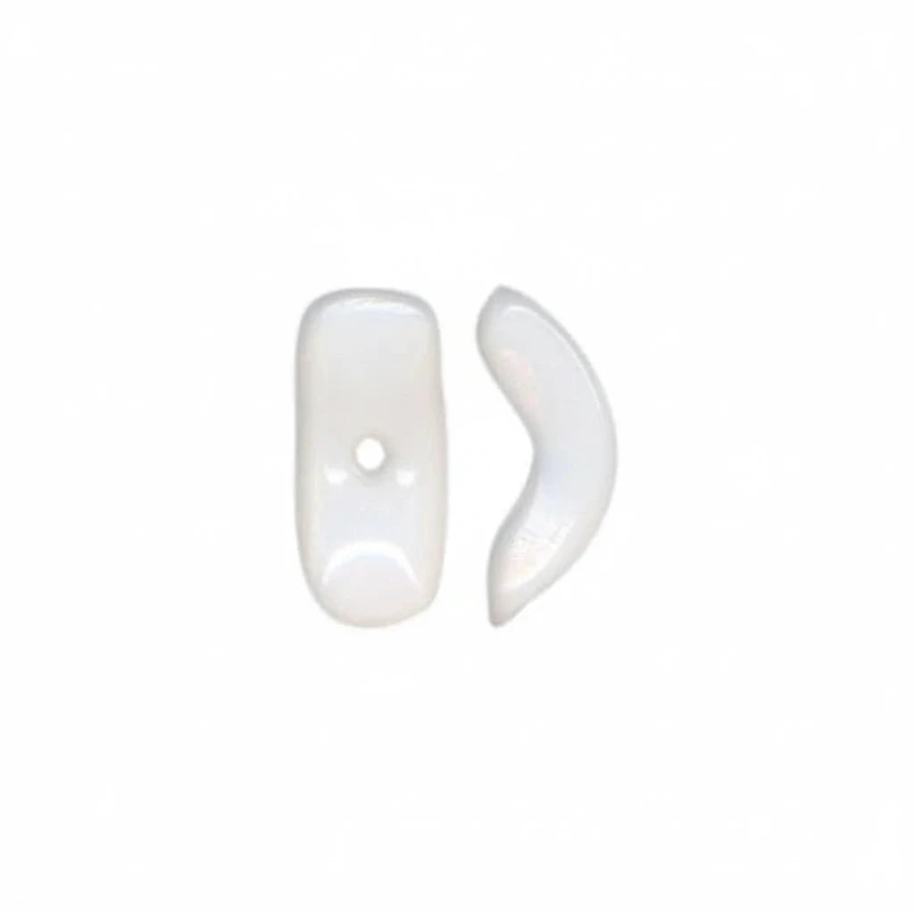 Two small glossy white plastic or silicone earbud tips shown on a plain white background, one upright and one curved.