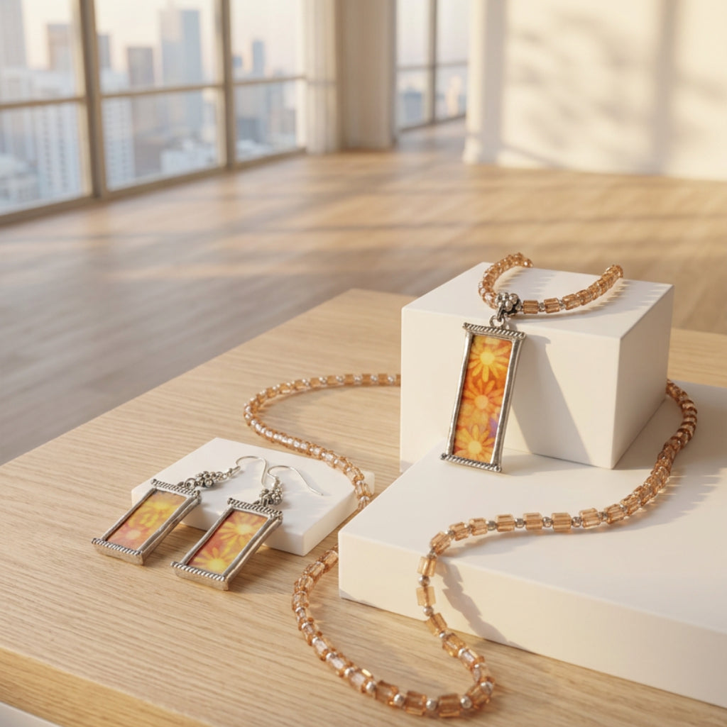 A jewelry set featuring a rectangular pendant necklace and matching drop earrings with silver-toned twisted metal frames and floral inlay in orange, yellow, and white, displayed on a textured orange-brown background.