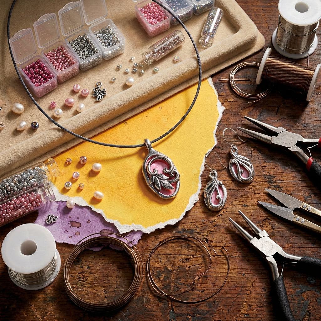 Silver-toned jewelry set featuring a teardrop-shaped pendant and matching drop earrings with openwork filigree detailing and a pink inlay, displayed on a torn yellow paper background.