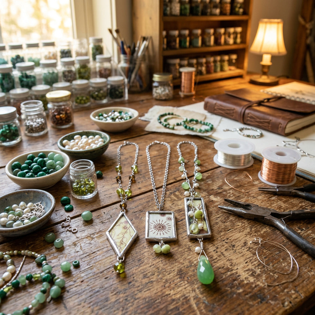Three handmade silver-toned necklaces with unique pendant designs, including a diamond-shaped pendant with a botanical map, a square pendant with a sunburst, and a rectangular pendant with green beads and a teardrop green stone, displayed on a wooden surface.