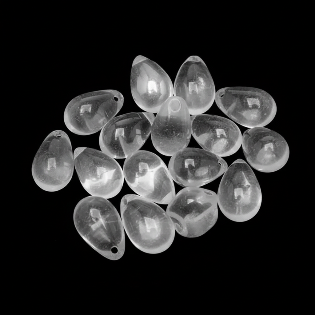 A pile of clear teardrop-shaped glass beads with small holes, shown on a solid black background.