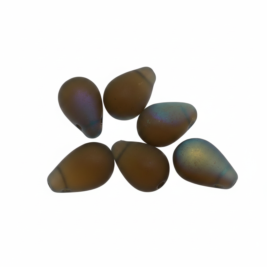 Five teardrop-shaped glass seed beads with a frosted smoky brown finish and subtle iridescent blue-purple and green sheen, arranged on a plain white background.