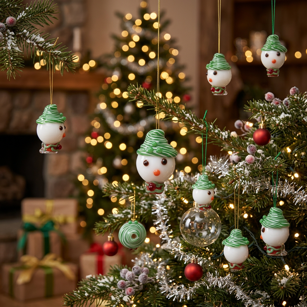 Lampwork Glass Snowman Head with Green Hat Beads, 18x12mm - 2 pcs