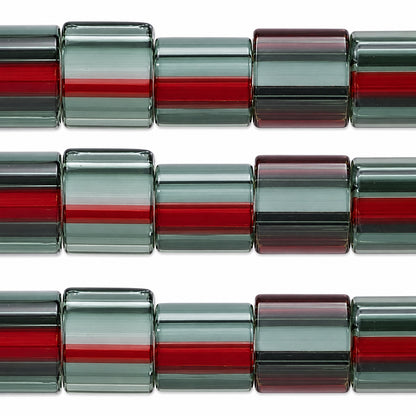 Three horizontal strands of glass seed beads featuring a striped pattern of translucent gray, clear, and red beads on a white background.