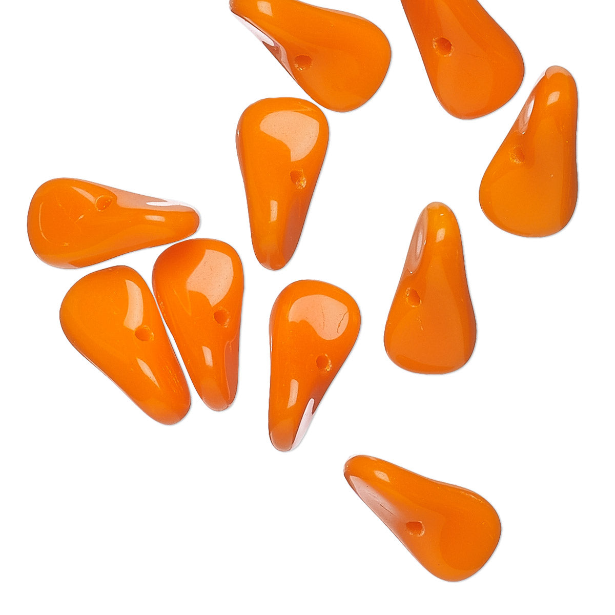 Nine glossy orange teardrop-shaped beads with a small hole, scattered on a plain white background.