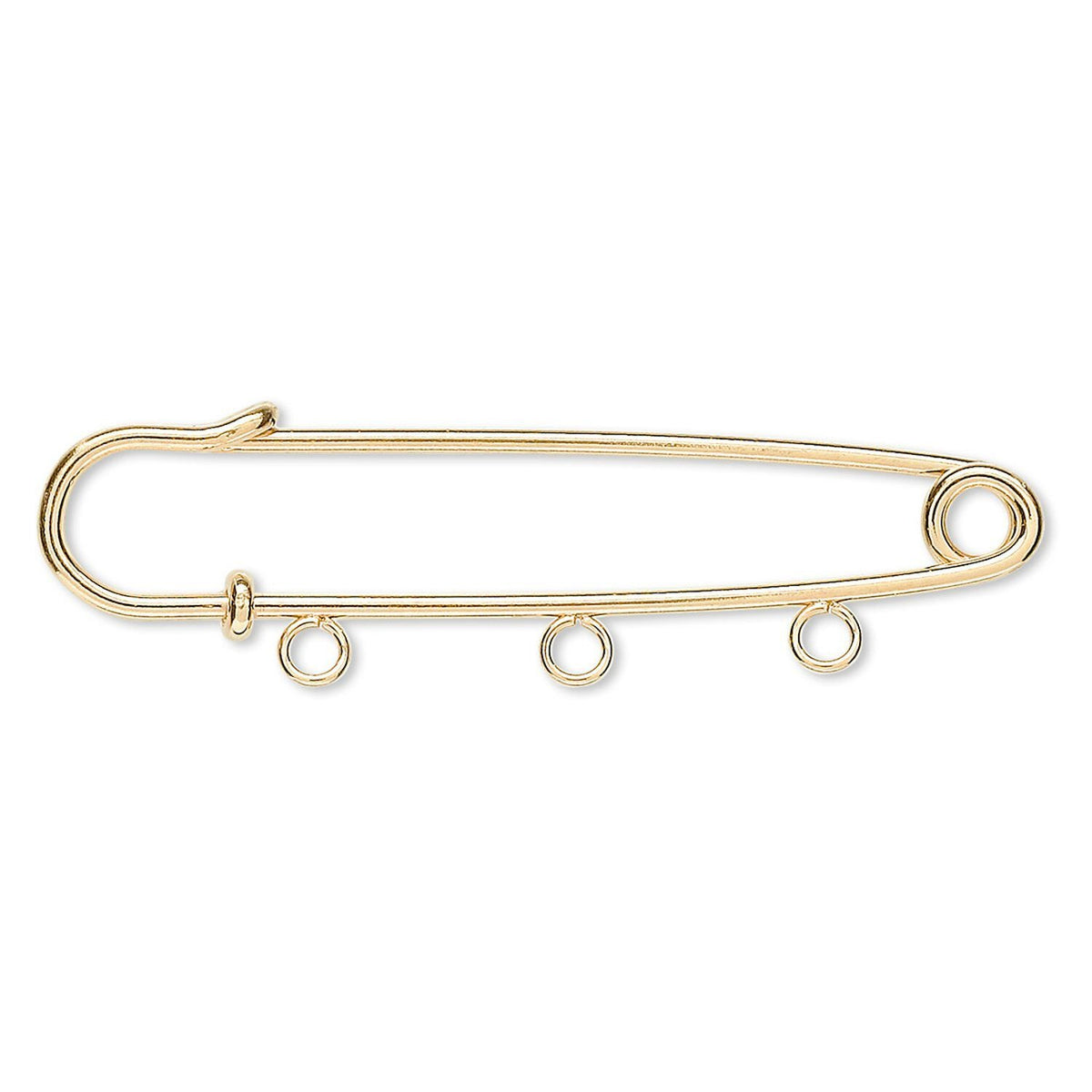 A gold safety pin style pendant or charm with three small hanging loops along the bottom bar, shown on a plain white background.