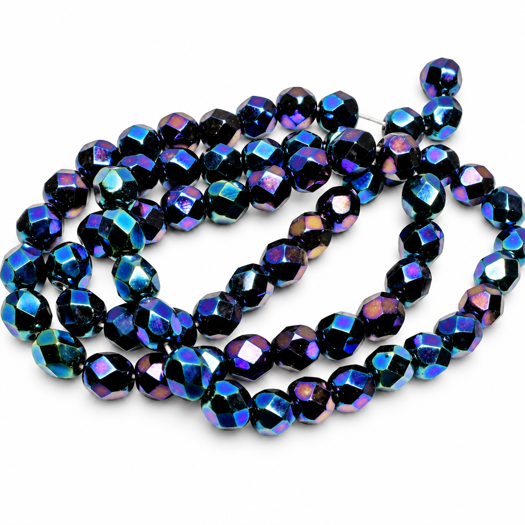Iris Blue Czech Fire Polished Glass Beads, 6mm - approximately 67 pcs