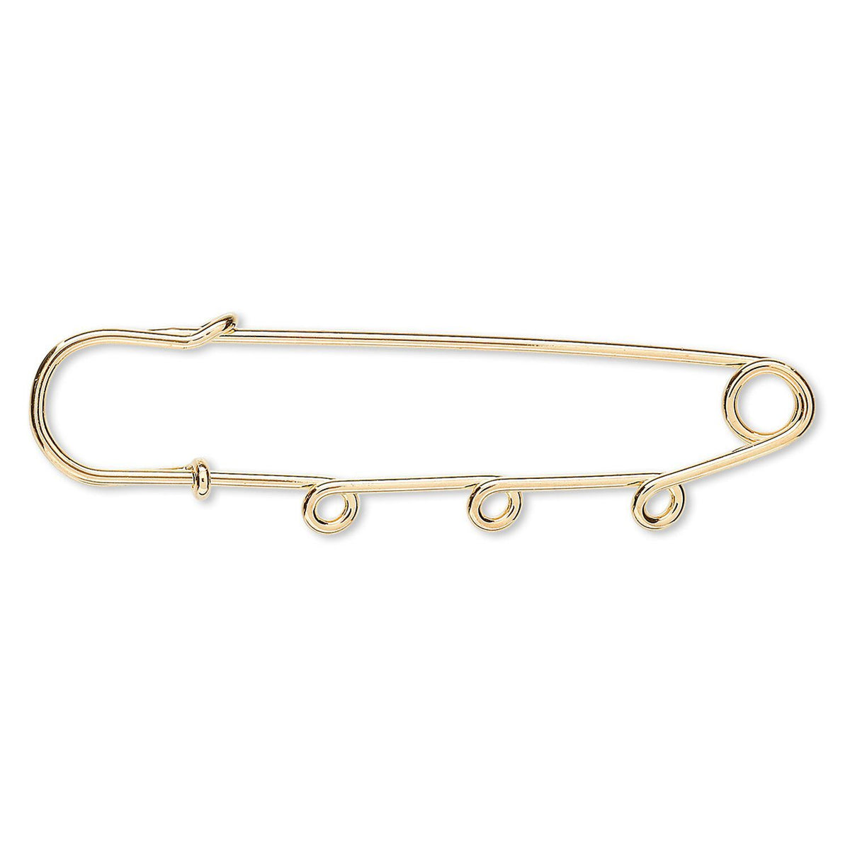 A gold safety pin style pendant or brooch with three small hanging loops on a plain white background.