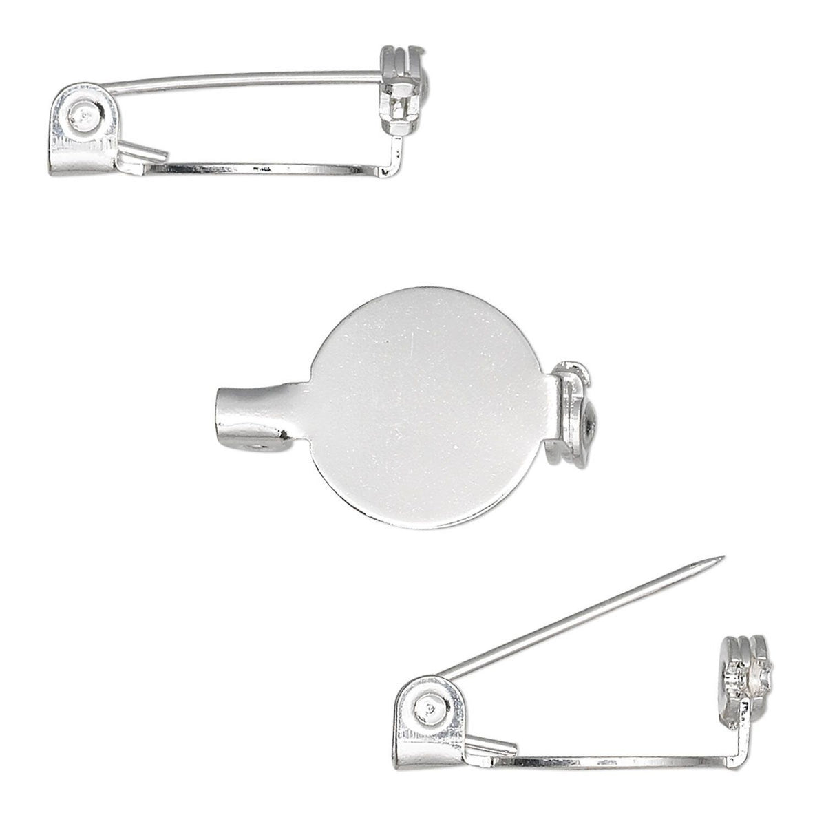 Three views of a silver safety pin lapel pin badge on a plain white background, showing the front, back, and side details.