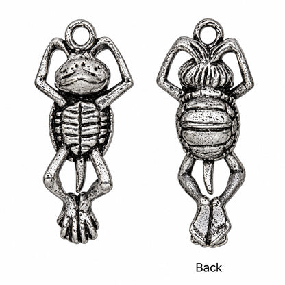 Two views of a silver-toned metal frog turtle charm pendant on a plain white background, with the back side shown on the right and the text 'Back' below.