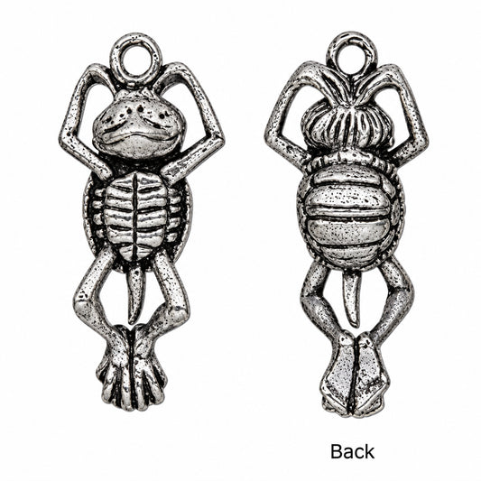 Two views of a silver-toned metal frog turtle charm pendant on a plain white background, with the back side shown on the right and the text 'Back' below.