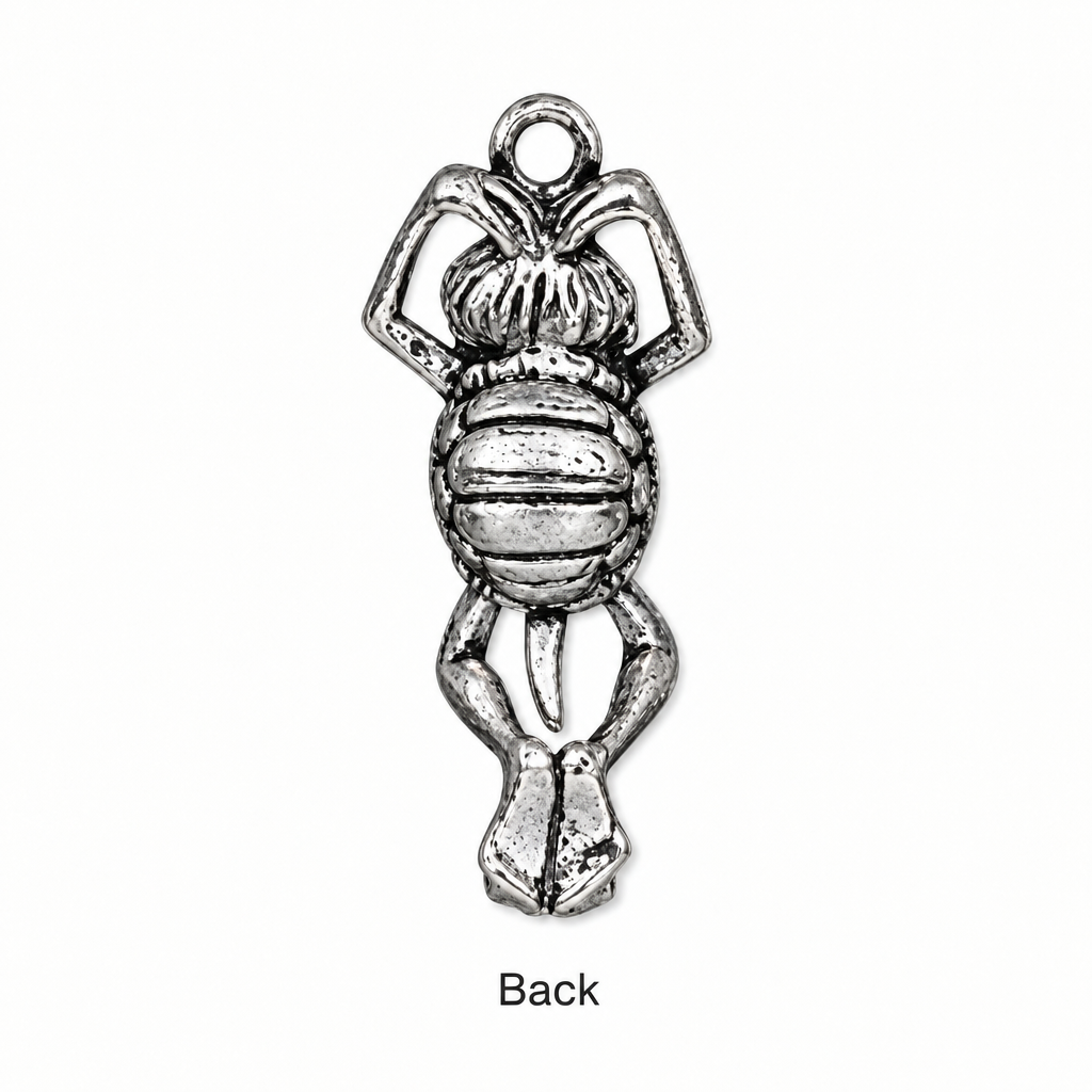 A silver-toned metal charm shaped like a frog turtle, shown against a plain white background with the word 'Back' below it.