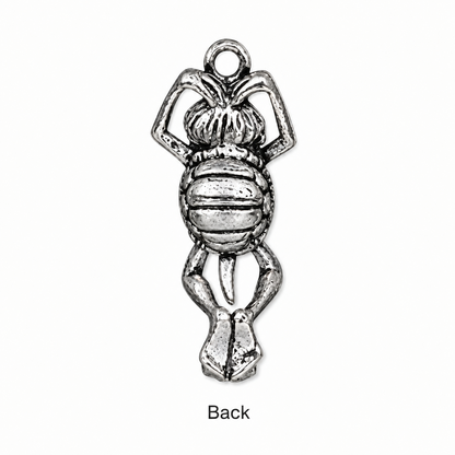 A silver-toned metal charm shaped like a frog turtle, shown against a plain white background with the word 'Back' below it.