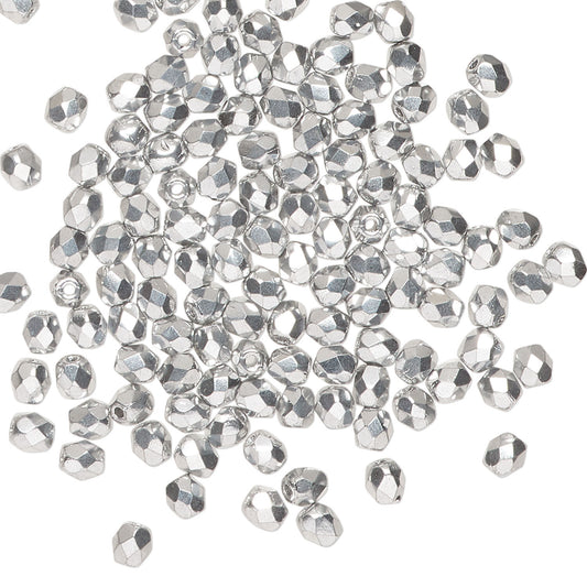 Czech Metallic Silver Fire Polished Round Beads, 3mm, 1 Strand (approx. 120)