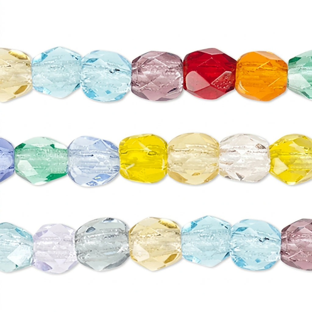 Three horizontal strands of faceted round beads in assorted pastel and bright colors, including light blue, pink, red, orange, green, yellow, and clear beads, shown on a white background.