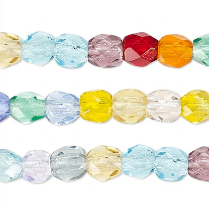 Three horizontal strands of faceted round beads in assorted pastel and bright colors, including light blue, pink, red, orange, green, yellow, and clear beads, shown on a white background.