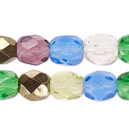 Faceted round beads in assorted colors including pink, blue, clear, green, and metallic gold, arranged in two rows on a white background.