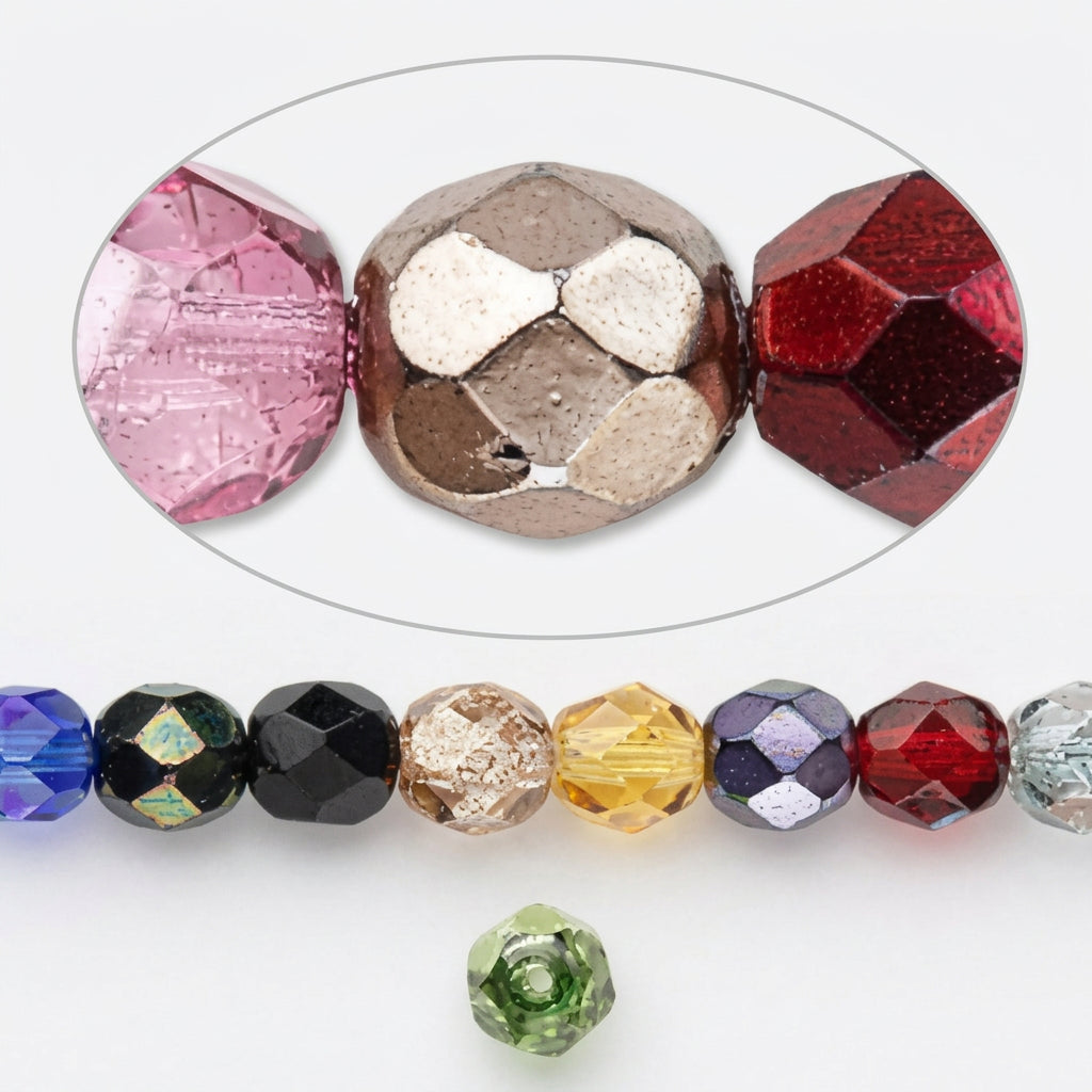 Faceted round beads shown in a color options layout, including pink, metallic rose gold, deep red, blue, black, gold, yellow, purple, and green beads, with a single green bead below on a white background.