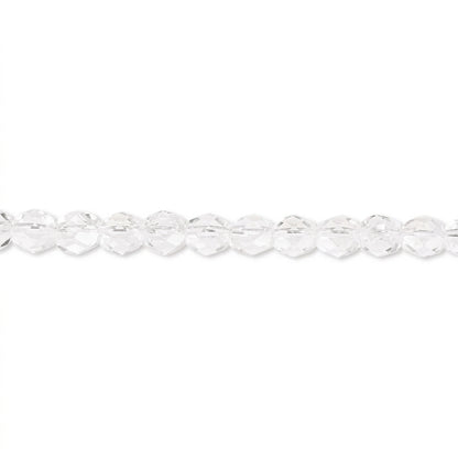 A close-up of a strand of clear faceted round beads on a plain white background.