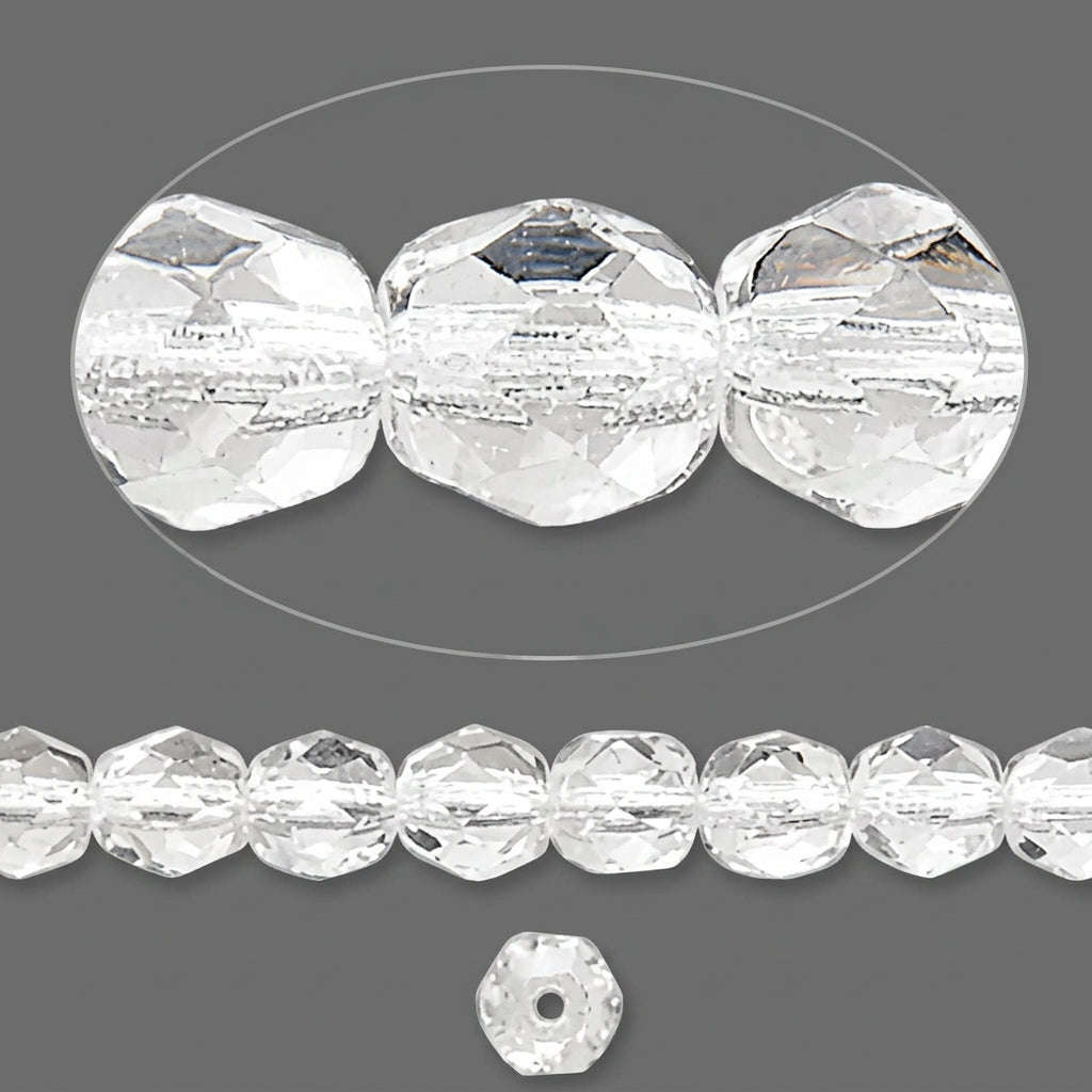 Clear faceted round beads shown in a close-up top view, a strand of the beads along the bottom, and a single bead centered below on a gray background.
