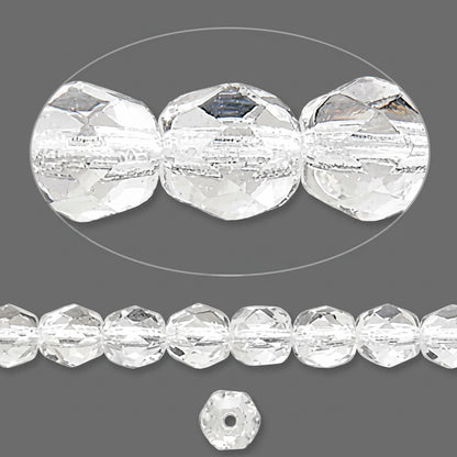 Clear faceted round beads shown in a close-up top view, a strand of the beads along the bottom, and a single bead centered below on a gray background.