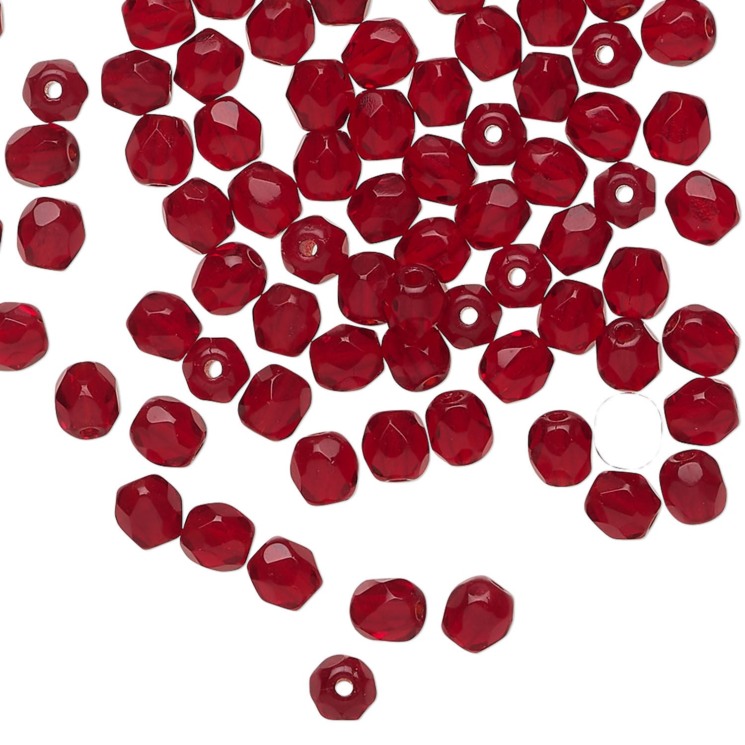 Red faceted beads on a white background