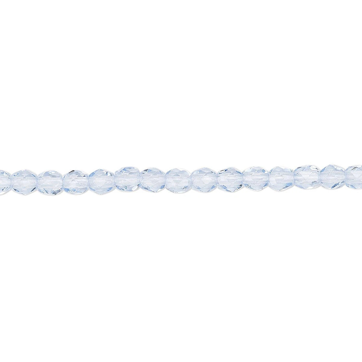 A single strand of light blue faceted round beads laid horizontally on a plain white background.