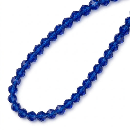 Blue faceted round beads shown in a close-up oval and as a strand on a white background.
