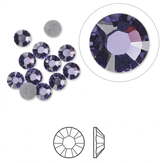 Purple faceted rhinestones shown with a magnified inset of a single stone, a back-side view, and a side-profile view on a white background.