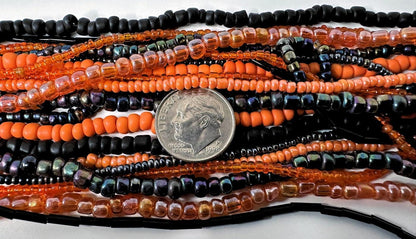 Orange & Black Halloween Glass Seed & Bugle Bead Mix (10 Strands)