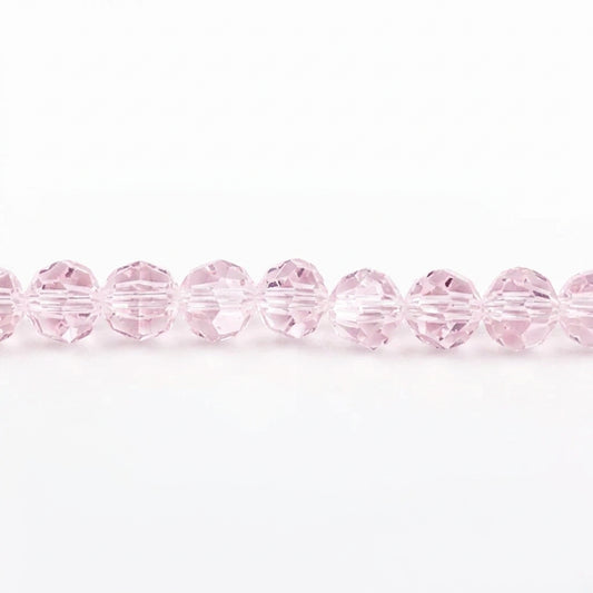 Light pink faceted crystal beads shown in a close-up oval detail and as a strand on a white background.