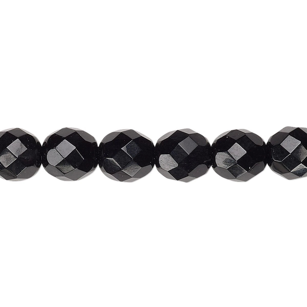 Faceted black beads strung along a thin cord, shown in a close-up horizontal line against a plain white background.