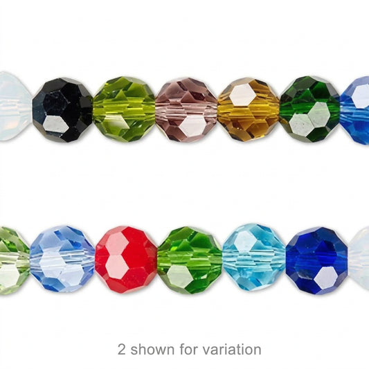 Faceted round beads shown in two rows on a white background, displaying multiple color options including black, green, brown, amber, blue, red, and clear. Text at the bottom reads '2 shown for variation'.