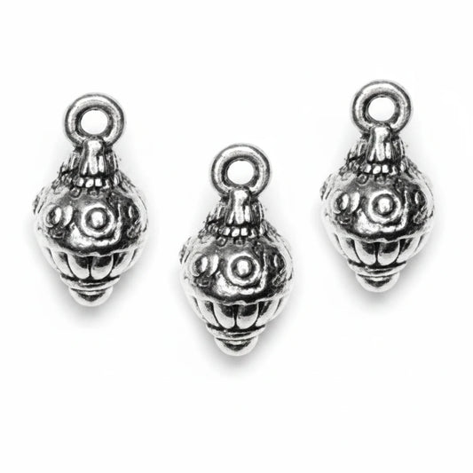 Three silver-toned metal bead charms with a detailed floral and leaf pattern, arranged on a plain white background.