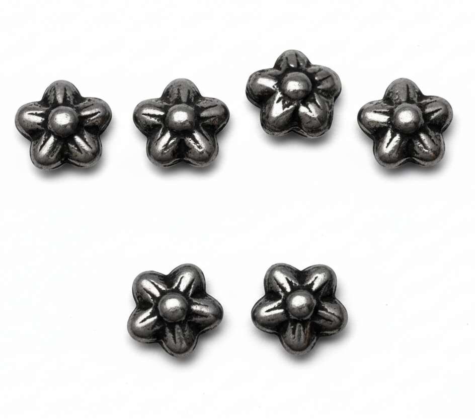 A close-up view of a metallic flower-shaped hardware piece, shown with three smaller views above and the text 'Close Up' below on a plain white background.