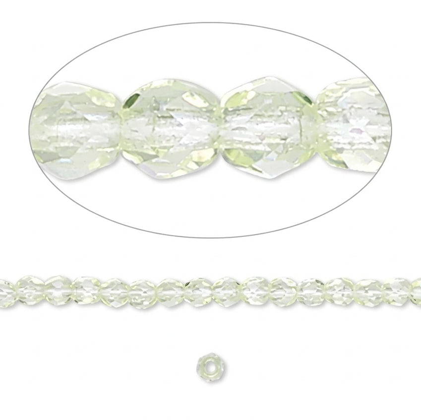 Clear faceted round beads shown on a white background, with a close-up oval inset of several beads and a thin strand of beads below.