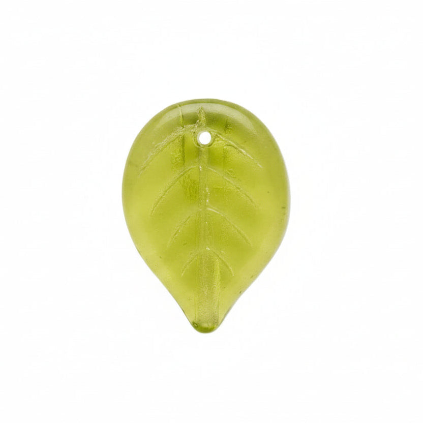 A single translucent olive-green teardrop-shaped pendant with a leaf vein pattern and a small hole at the top, shown on a plain white background.