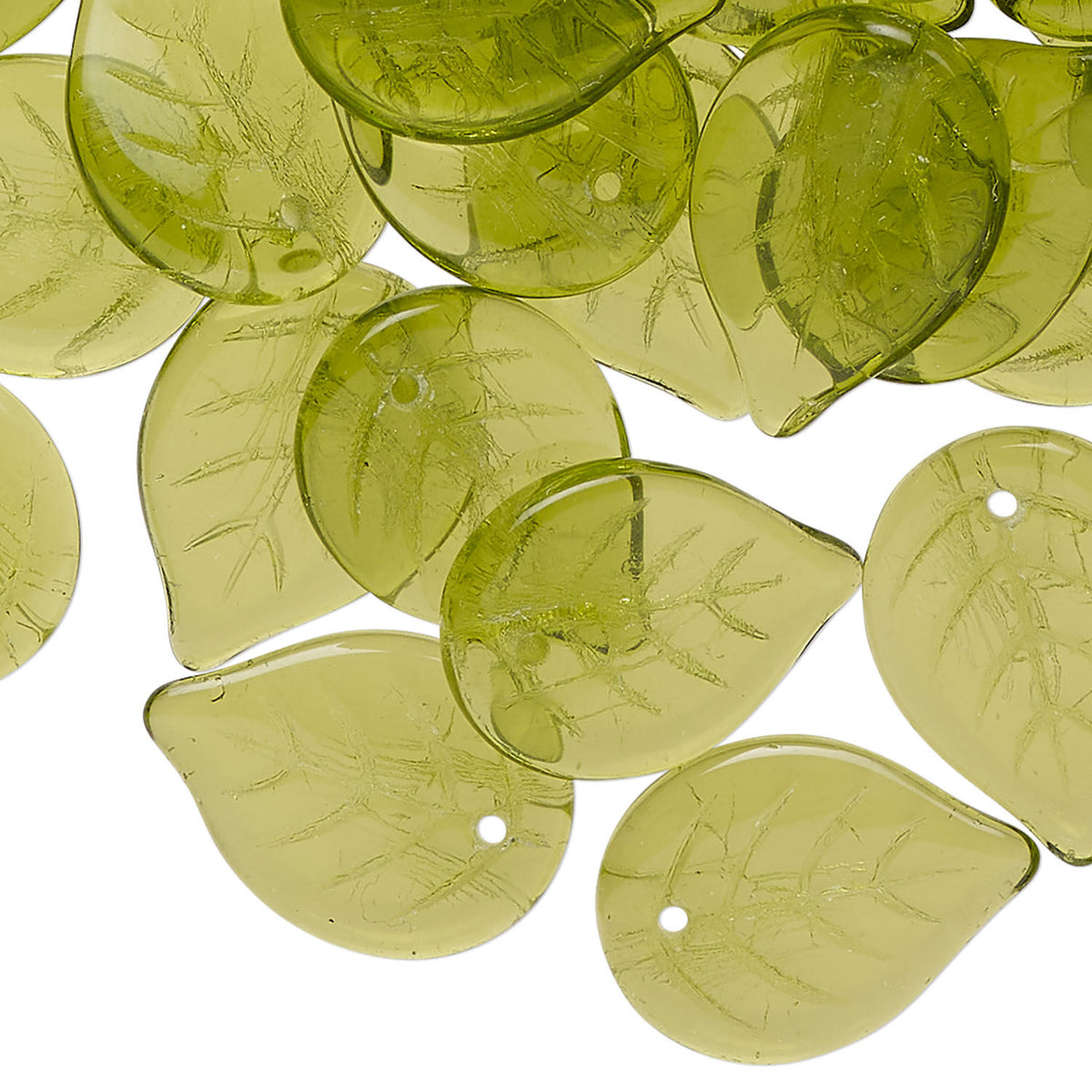translucent olive-green teardrop-shaped pendant with a leaf vein pattern and a small hole at the top, shown on a plain white background.