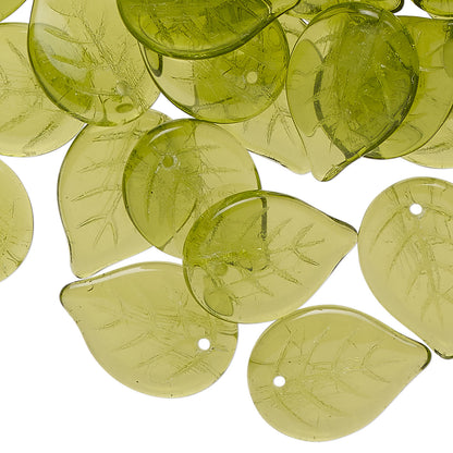 translucent olive-green teardrop-shaped pendant with a leaf vein pattern and a small hole at the top, shown on a plain white background.