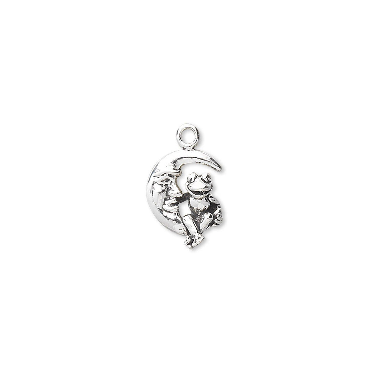 Antiqued Sterling Silver Double-Sided Frog on Crescent Moon Face Charm, 11x9mm - 1 pc