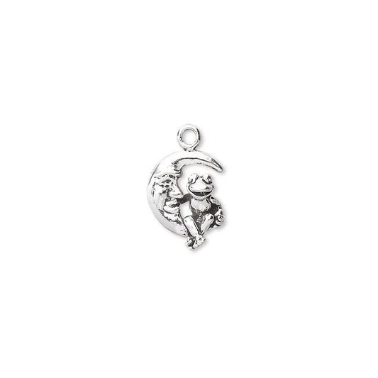 Antiqued Sterling Silver Double-Sided Frog on Crescent Moon Face Charm, 11x9mm - 1 pc