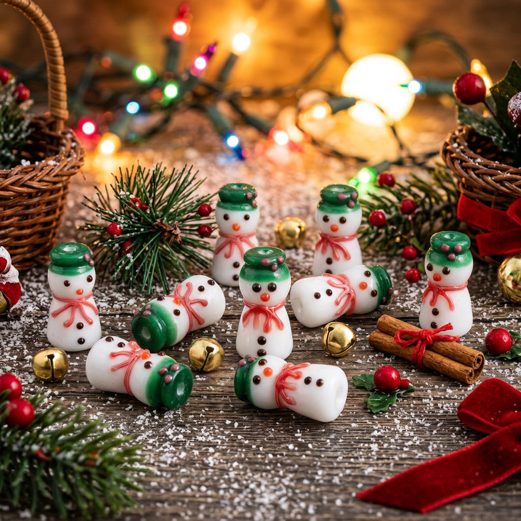 White glass snowman beads with green hats, red scarves, and black facial details, shown on a white background.