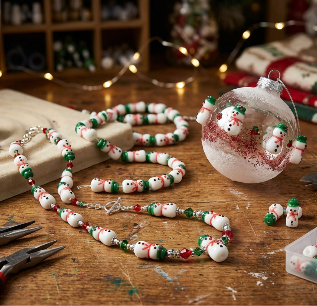 White glass snowman beads with green hats and scarves, red accents, and black facial details, arranged on a white background.